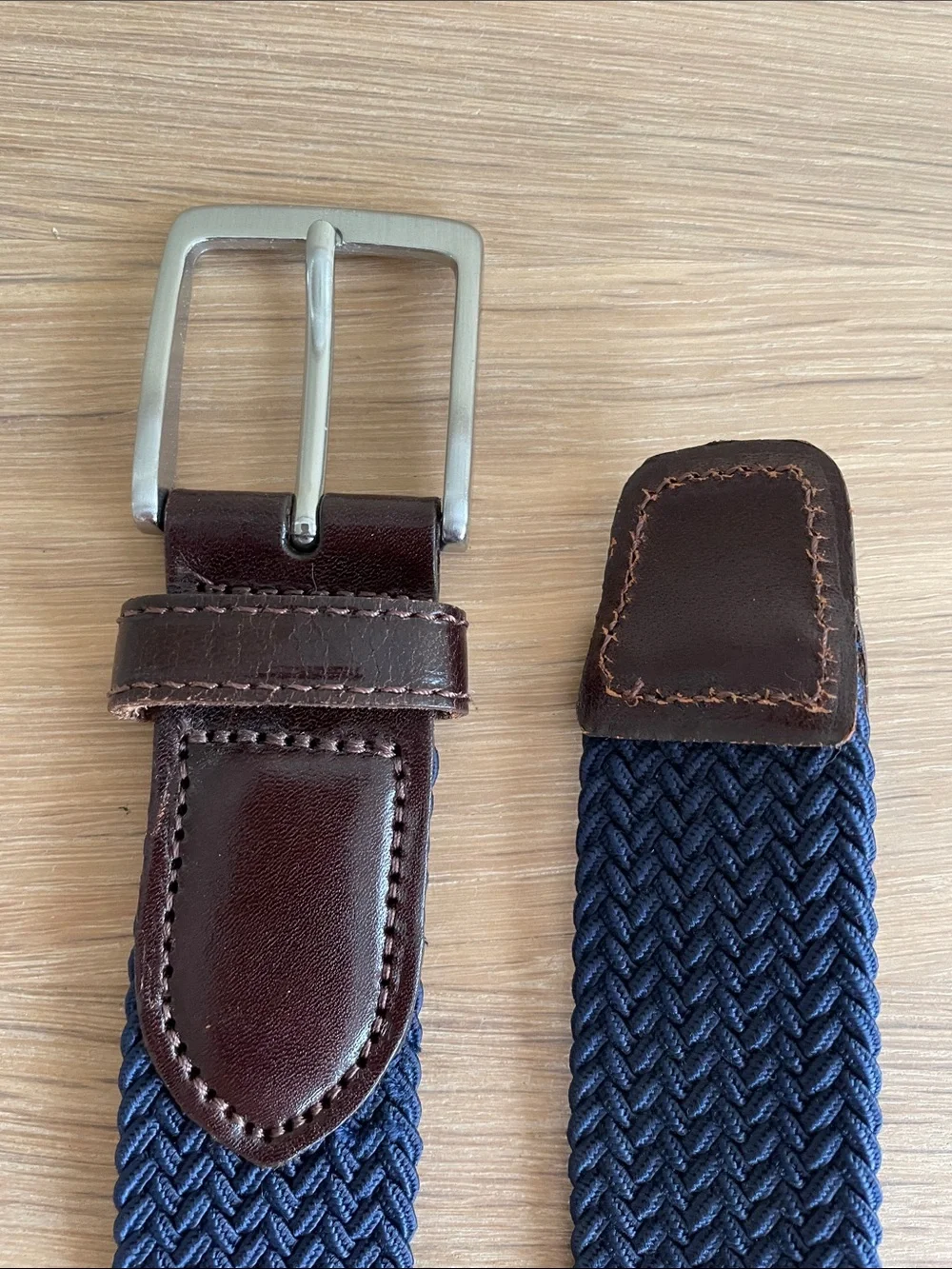 LANDS’ END MEN’S BRAIDED STRETCH BELT Size L (36 - 38) Navy Blue Leather Trim